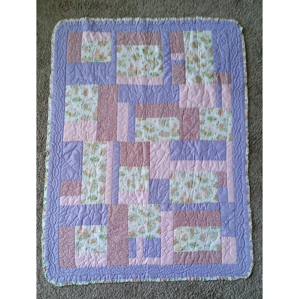 Baby Quilt Handmade Hand Quilted Bunnies Pastel 41x55 Pink Purple